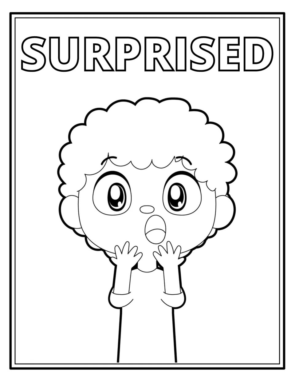Surprised: a curly-haired child with wide eyes and a round open mouth, hands raised by the cheeks, to colour and name