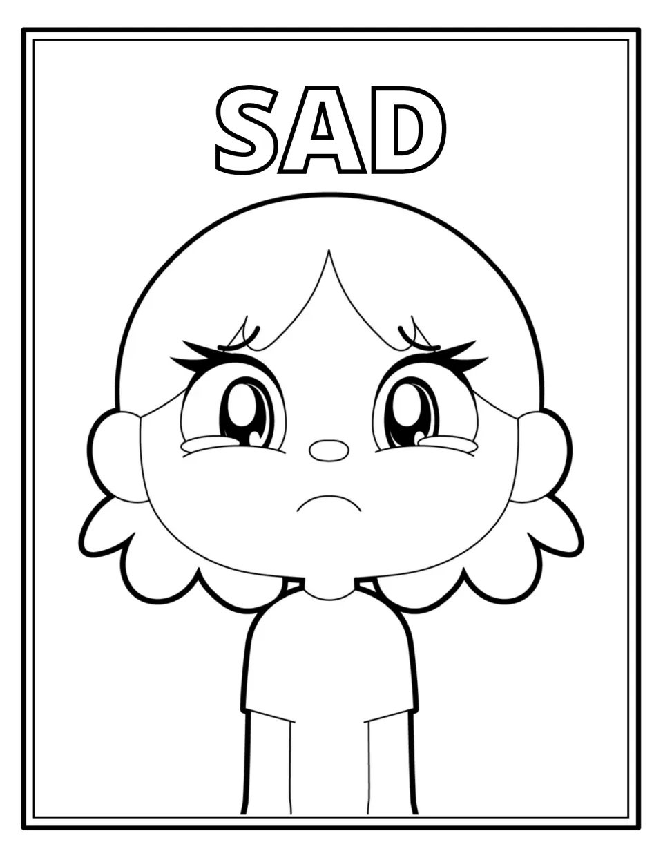 Sad: a girl with teary eyes, drooping brows and a small frown beneath the outlined word SAD, for colouring and discussion