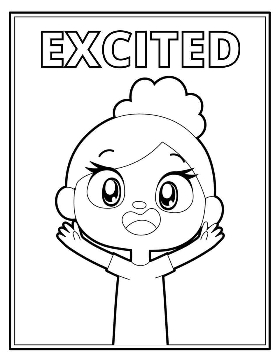 Excited: a girl with a hair bun, big eyes and an open smile throws both arms up under the word EXCITED, ready to shade