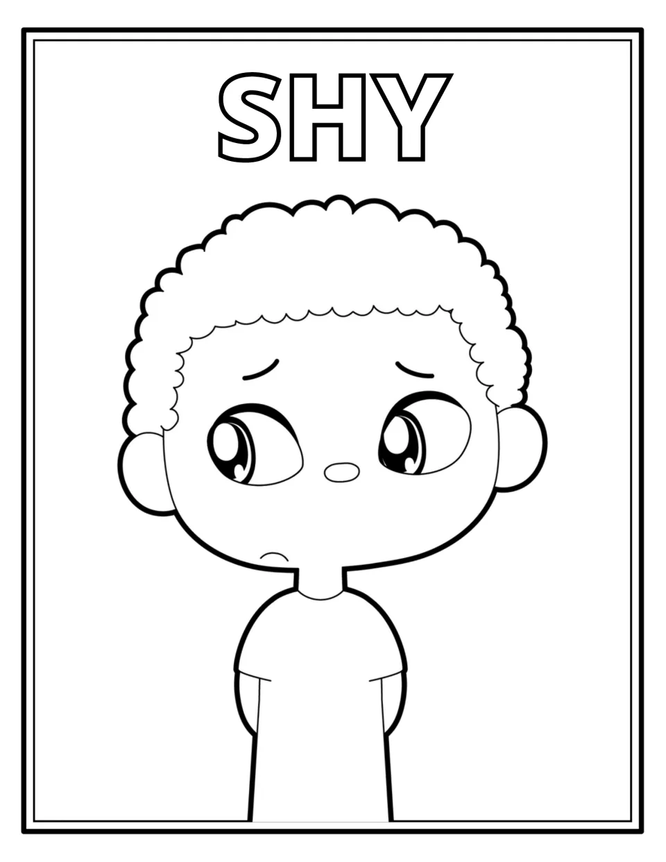 Shy: a curly-haired boy glances sideways with raised brows and a tiny frown, arms at his sides, beneath the word SHY