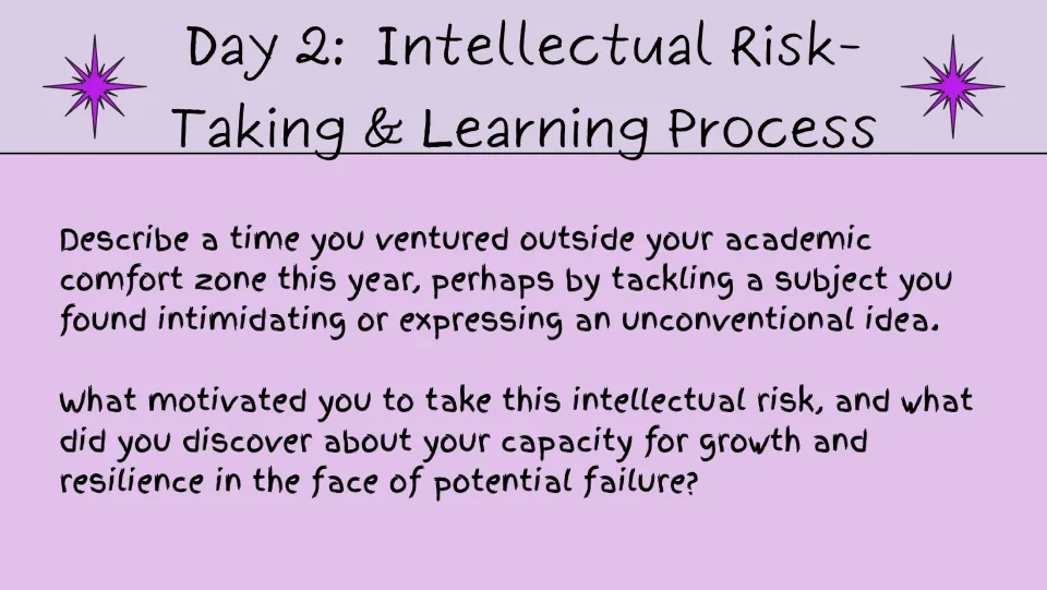 Day 2 reflection prompt examines an academic risk, the motivation behind it, and lessons about resilience