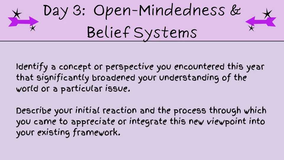 Day 3 reflection prompt asks how a new concept or perspective broadened understanding and shaped beliefs