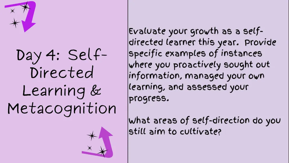 Day 4 reflection prompt evaluates self-directed learning through research, learning management, and progress