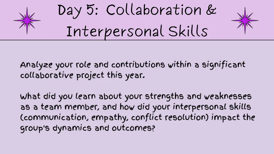 Day 5 reflection prompt analyzes contributions to a group project and how interpersonal skills affected it