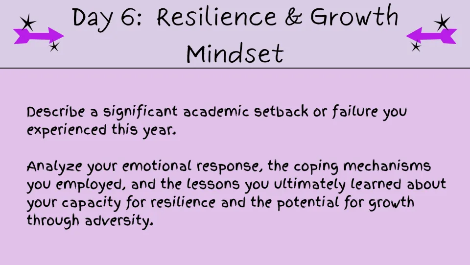 Day 6 reflection prompt explores an academic setback, emotional responses, coping, and lessons about growth