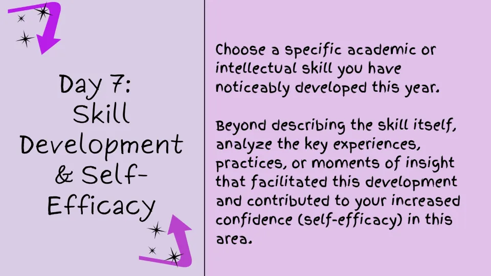 Day 7 reflection prompt examines a developed academic skill and experiences that built ability and confidence
