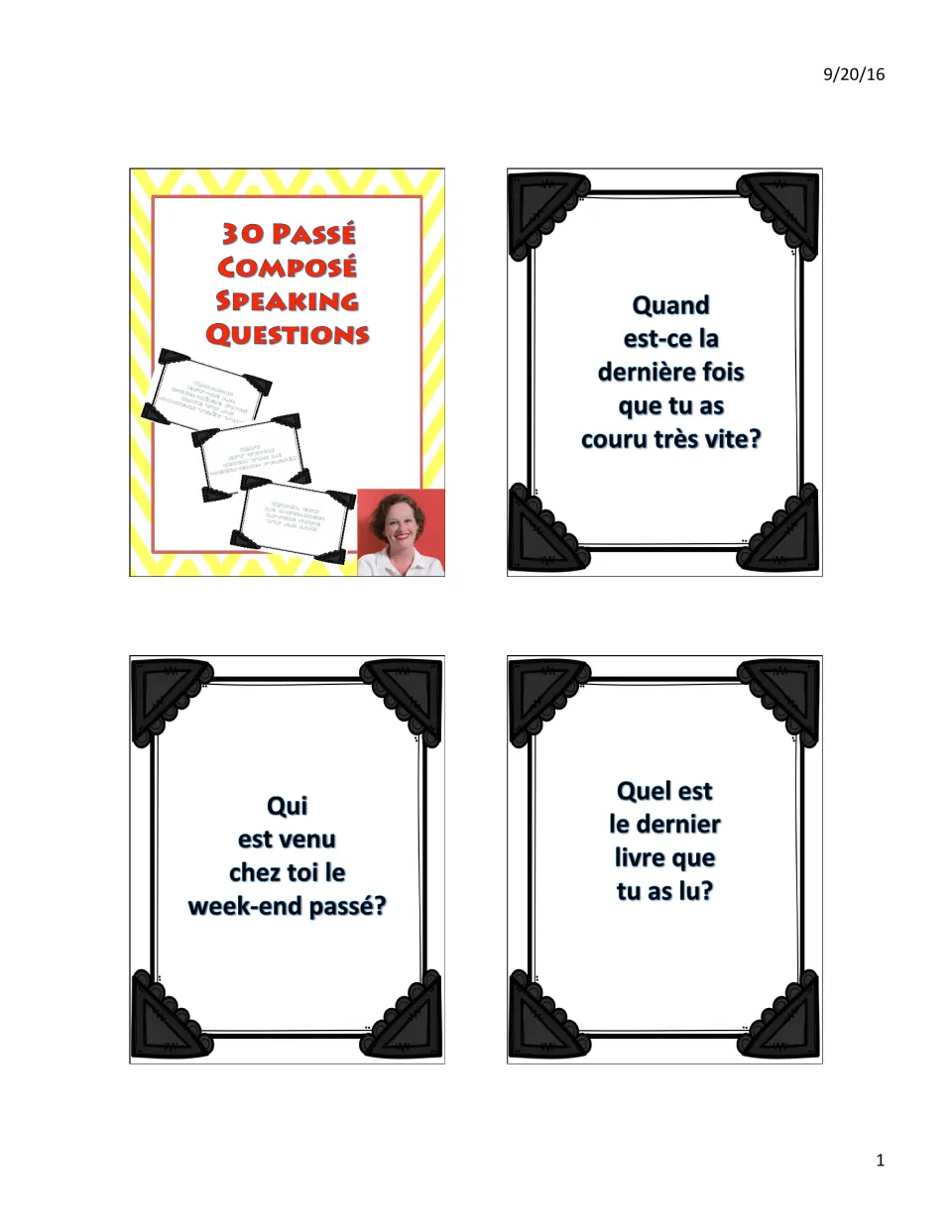 30 Passé Composé Speaking Questions cover, then French cards asking about running fast, weekend visitors, last book read