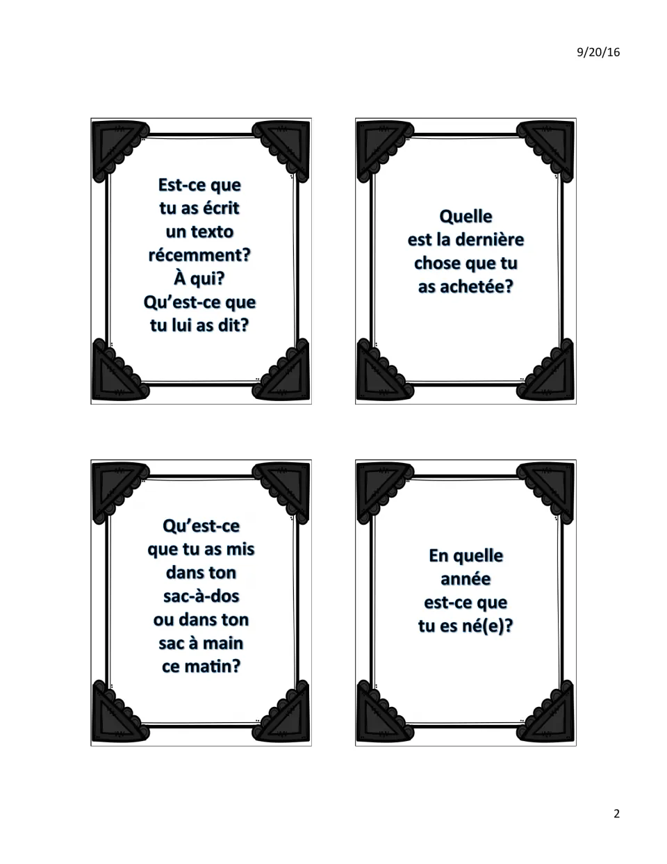French past-tense question cards: students answer about a recent text message, last purchase, backpack items, birth year