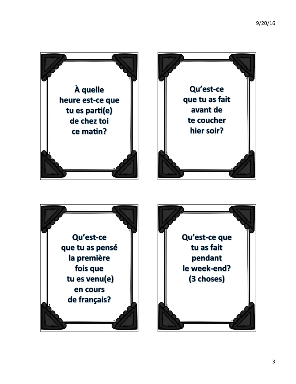 Passé composé speaking cards on leaving home, last night before bed, first French class, and 3 weekend activities