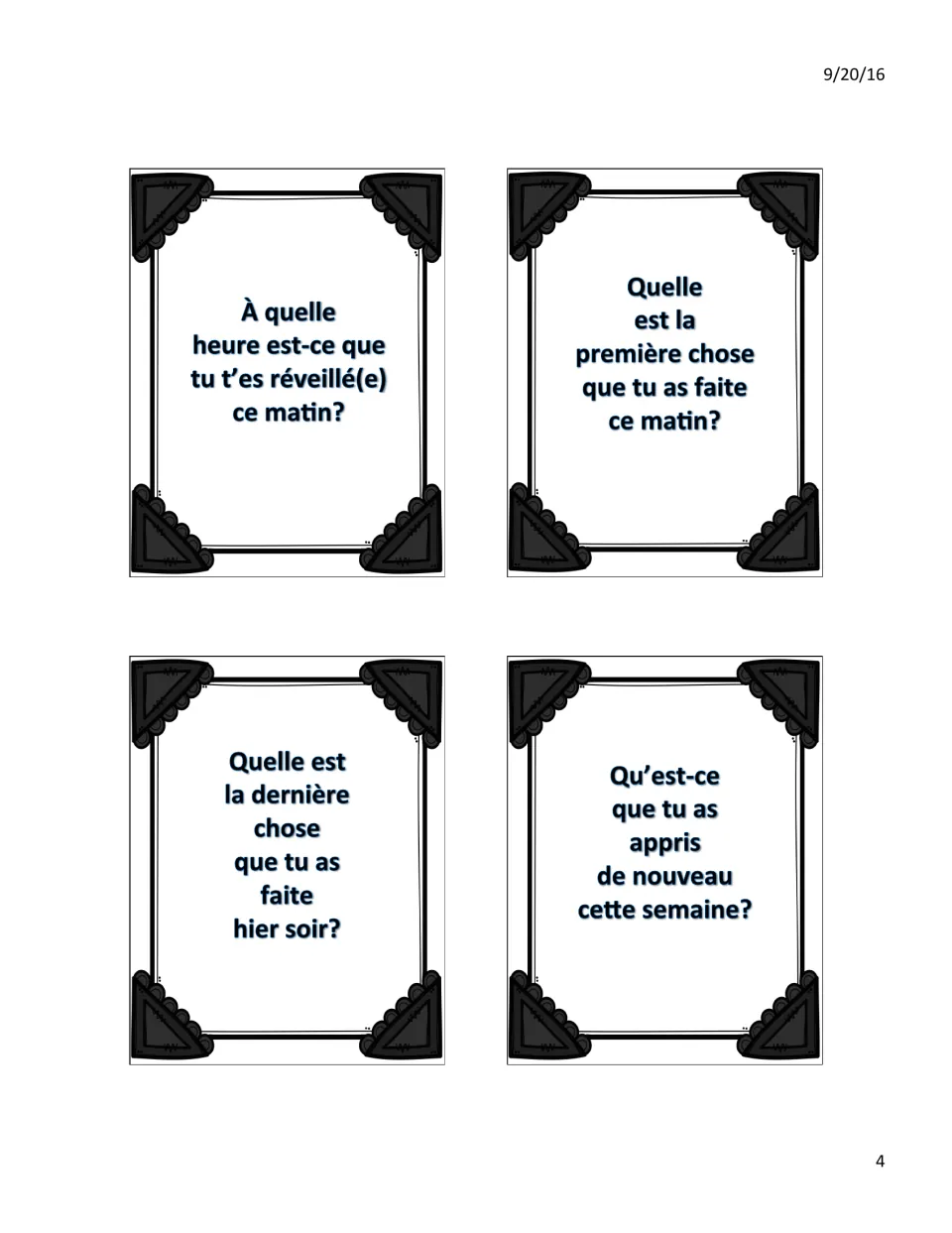 French conversation cards in the past tense: students tell when they woke up, first and last things done, something learned