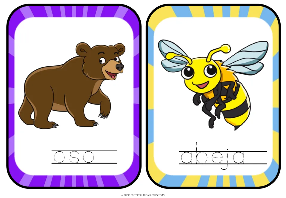 Spanish animal tracing flashcards 1–2: oso (bear) and abeja (bee), each with an animal picture and dotted word