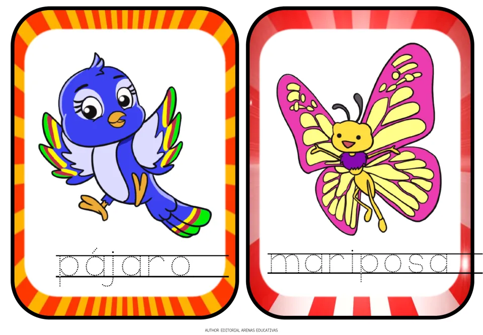 Spanish animal tracing flashcards 3–4: pájaro (bird) and mariposa (butterfly), with pictures and dotted words
