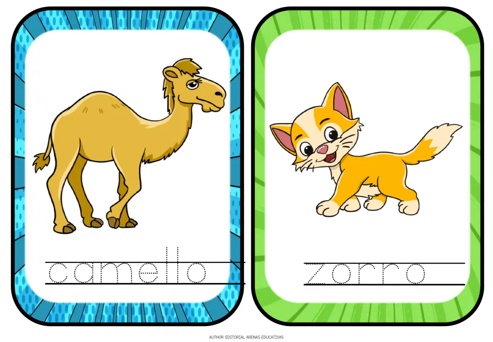 Spanish animal tracing flashcards 5–6: camello (camel) and zorro (fox), with animal pictures and dotted words