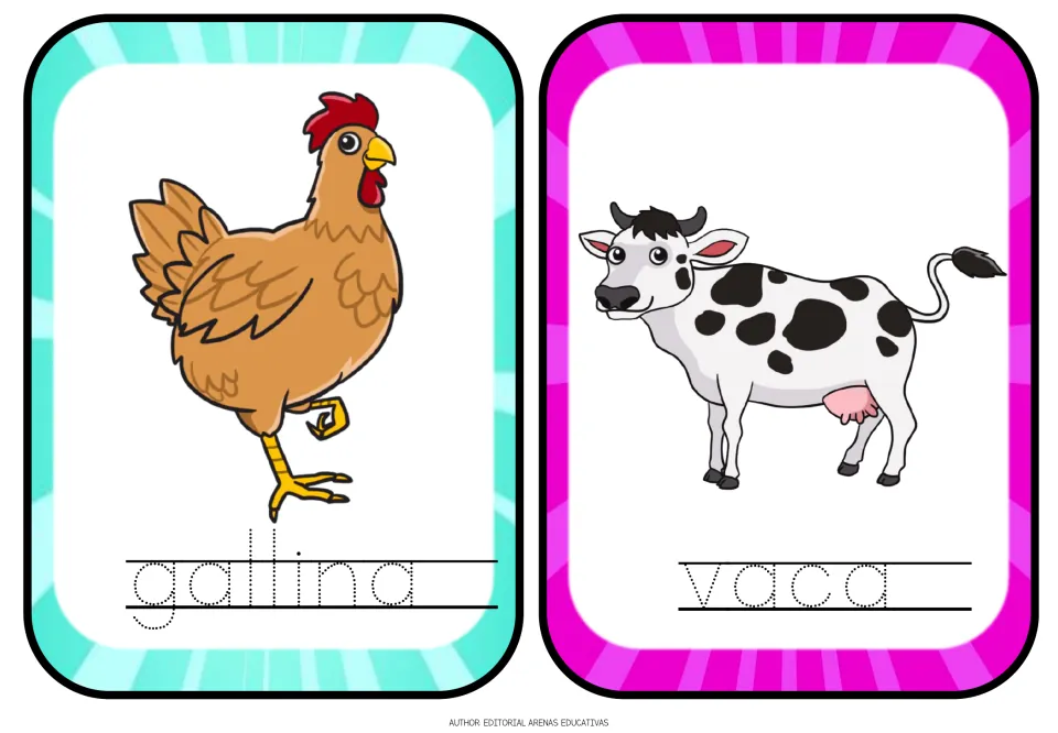 Spanish animal tracing flashcards 7–8: gallina (hen) and vaca (cow), with animal pictures and dotted words