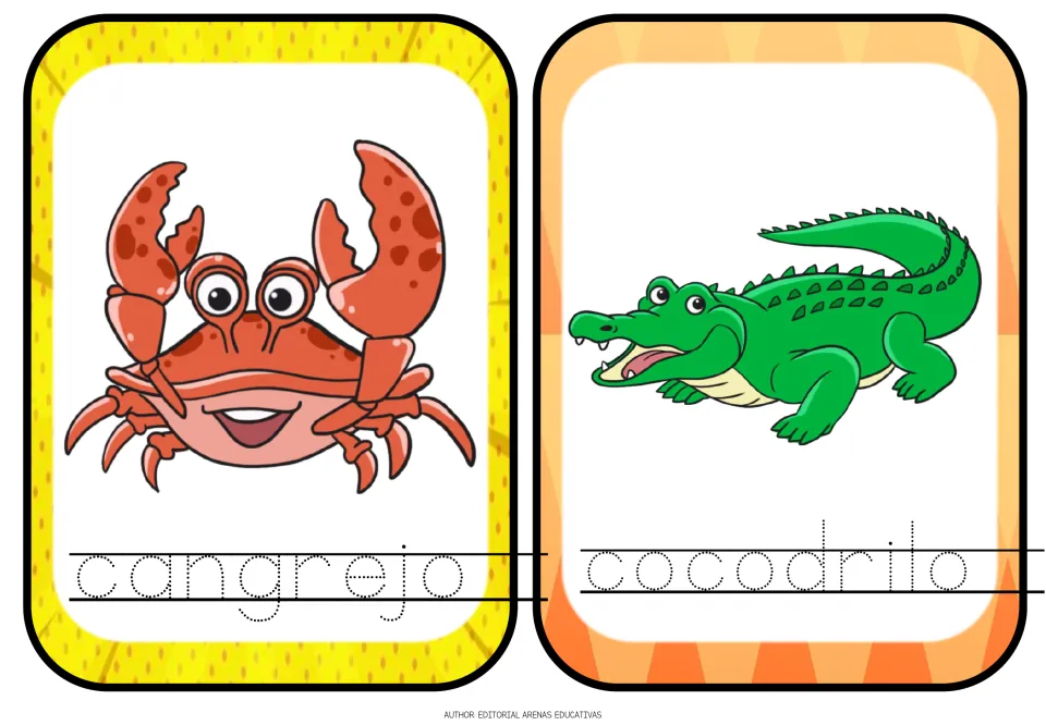 Spanish animal tracing flashcards 9–10: cangrejo (crab) and cocodrilo (crocodile), with pictures and dotted words