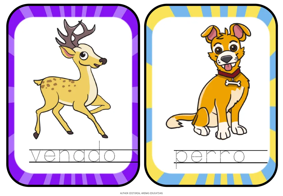 Spanish animal tracing flashcards 11–12: venado (deer) and perro (dog), with animal pictures and dotted words