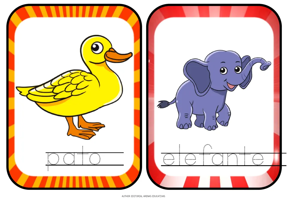 Spanish animal tracing flashcards 13–14: pato (duck) and elefante (elephant), with pictures and dotted words