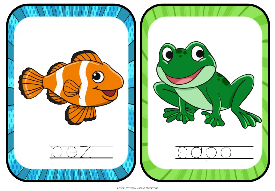 Spanish animal tracing flashcards 15–16: pez (fish) and sapo (toad), with animal pictures and dotted words