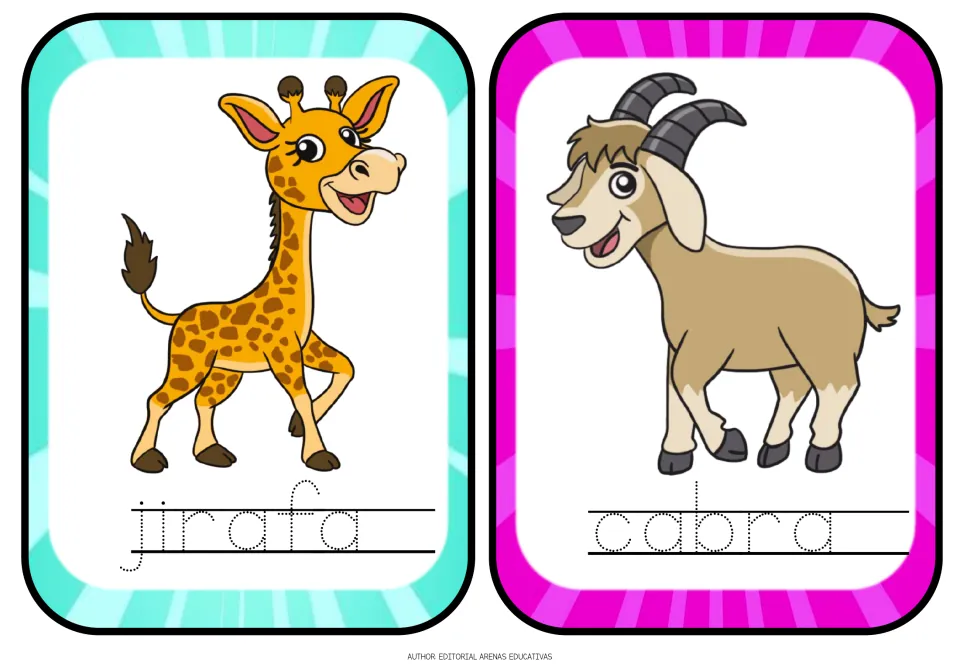 Spanish animal tracing flashcards 17–18: jirafa (giraffe) and cabra (goat), with pictures and dotted words