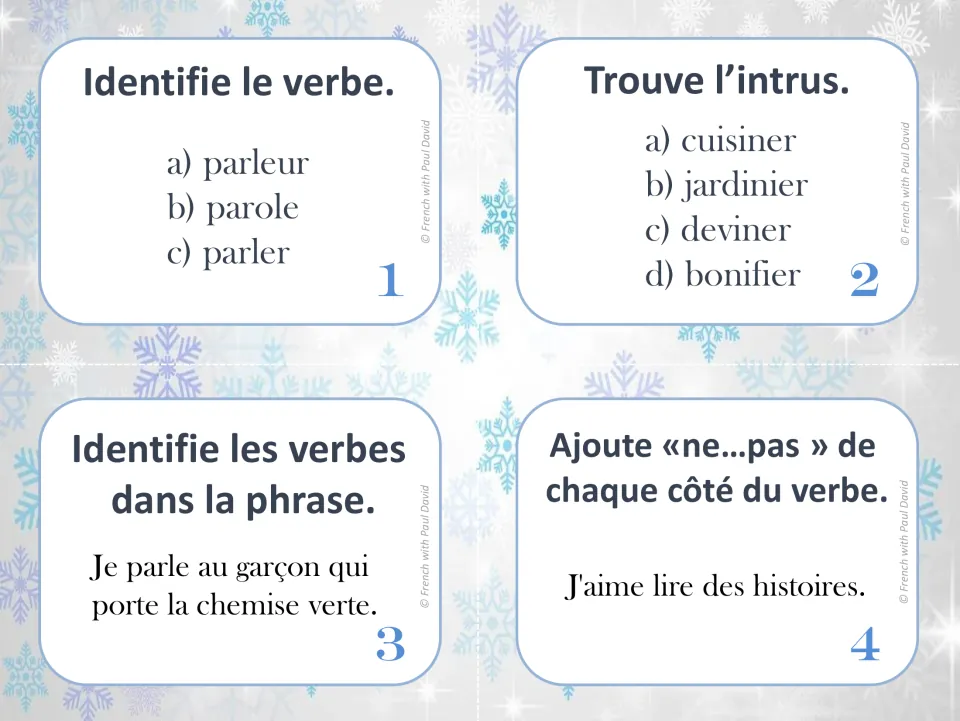 French verb task cards 1–4: identify parler (to speak), find the odd word, locate verbs, and add ne...pas