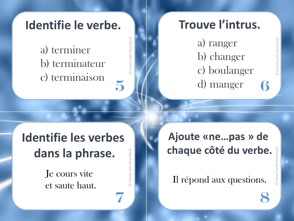 French verb task cards 5–8: terminer (to finish), an odd-word task, running and jumping, and ne...pas