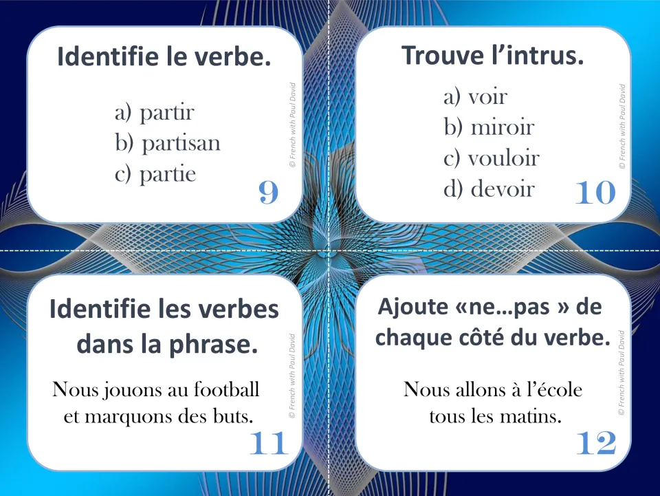 French verb task cards 9–12: partir (to leave), an odd-word task, soccer sentence verbs, and ne...pas