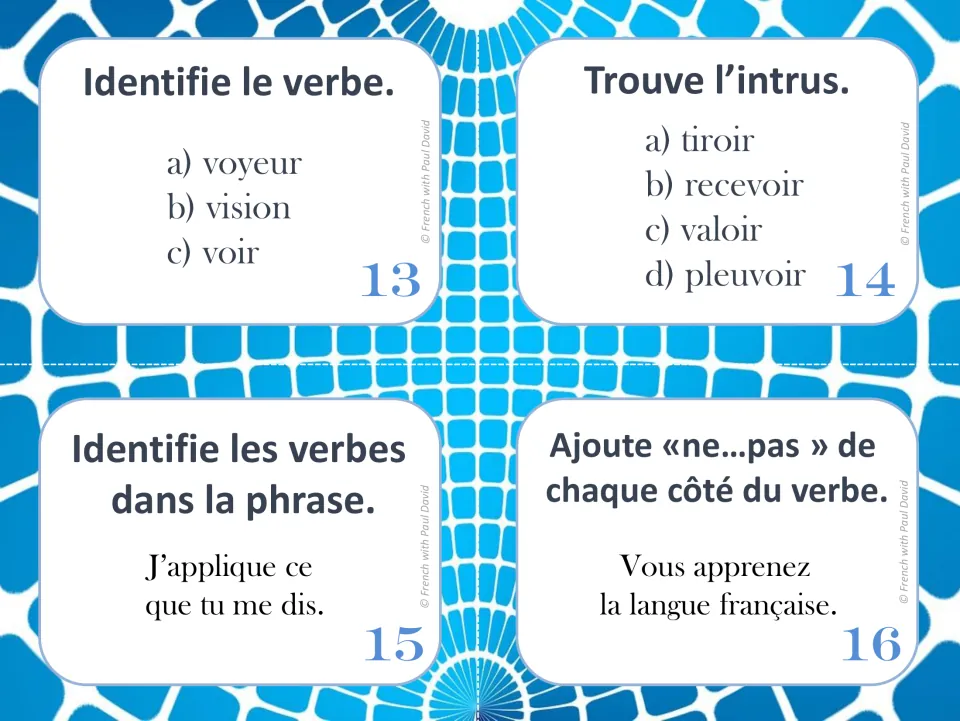 French verb task cards 13–16: voir (to see), an odd-word task, applique and dis in a sentence, and ne...pas