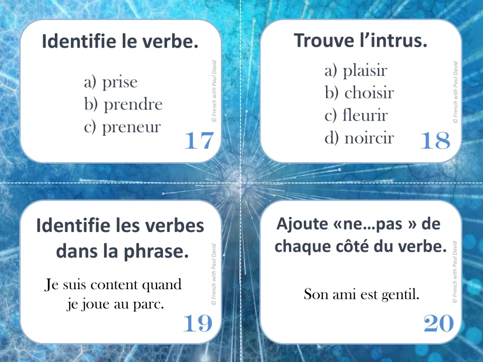 French verb task cards 17–20: prendre (to take), an odd-word task, suis and joue in a sentence, and ne...pas