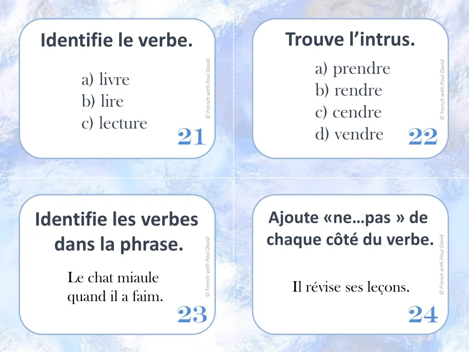 French verb task cards 21–24: lire (to read), an odd-word task, a sentence about a hungry cat, and ne...pas
