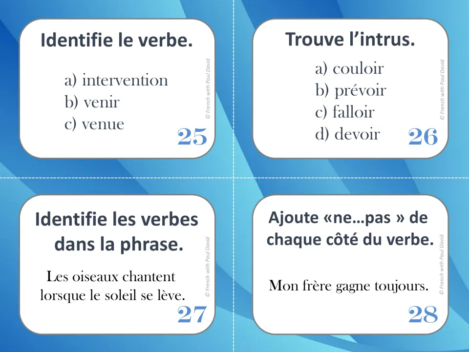 French verb task cards 25–28: venir (to come), an odd-word task, birds singing at sunrise, and ne...pas