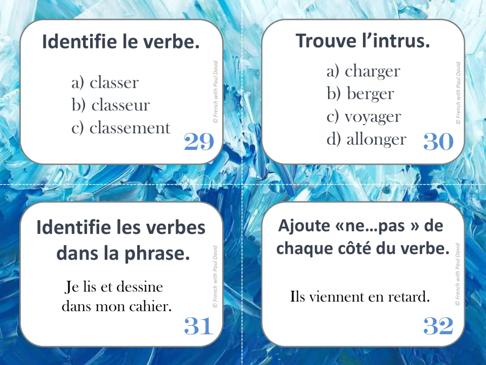 French verb task cards 29–32: classer (to sort), an odd-word task, reading and drawing verbs, and ne...pas