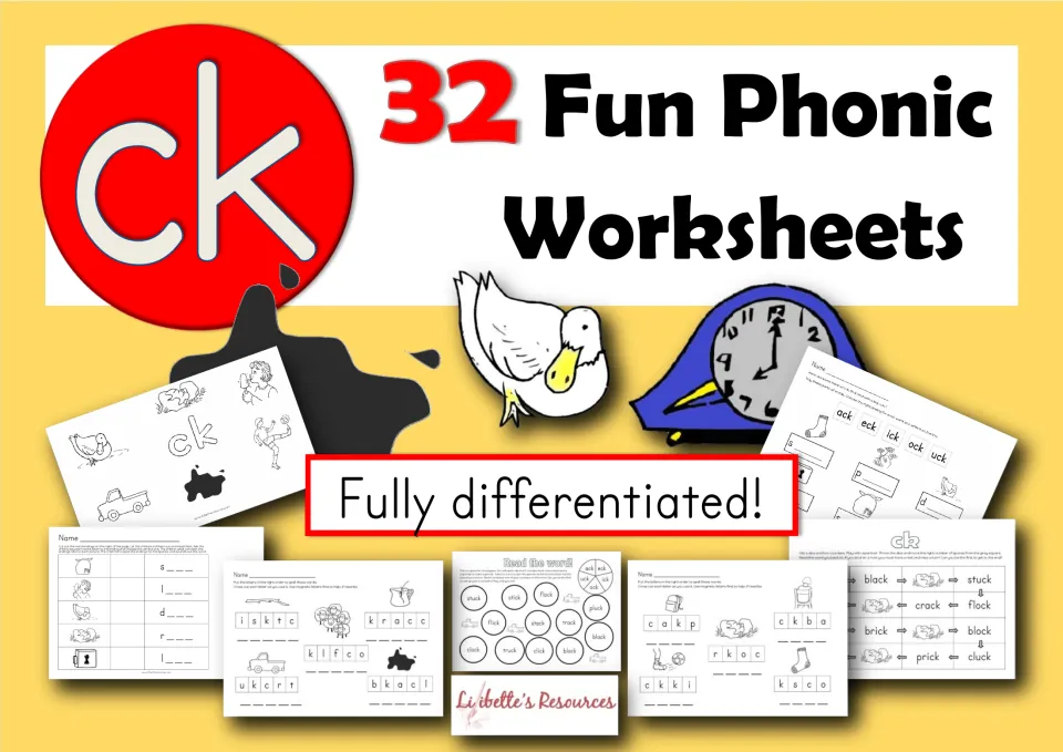 32 Fun Phonic Worksheets cover for the ck sound, showing sample sheets with duck, clock and word-building tasks