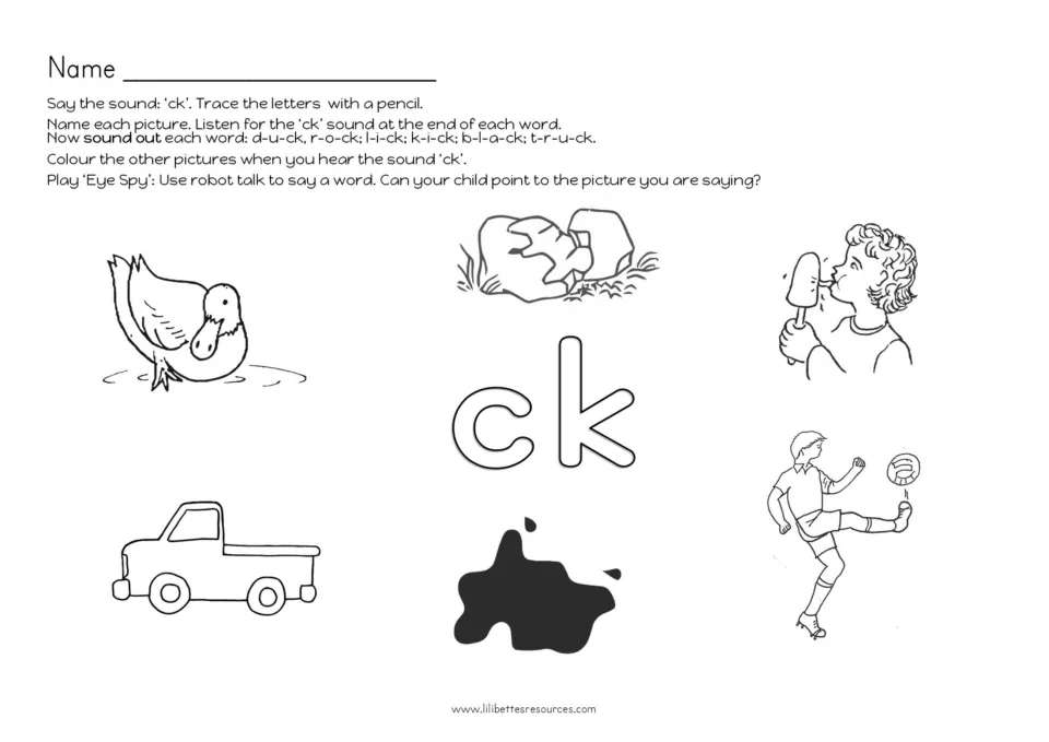 Hearing final ck: students trace ck, name pictures like duck, rock, lick and kick, and colour ones ending in the ck sound