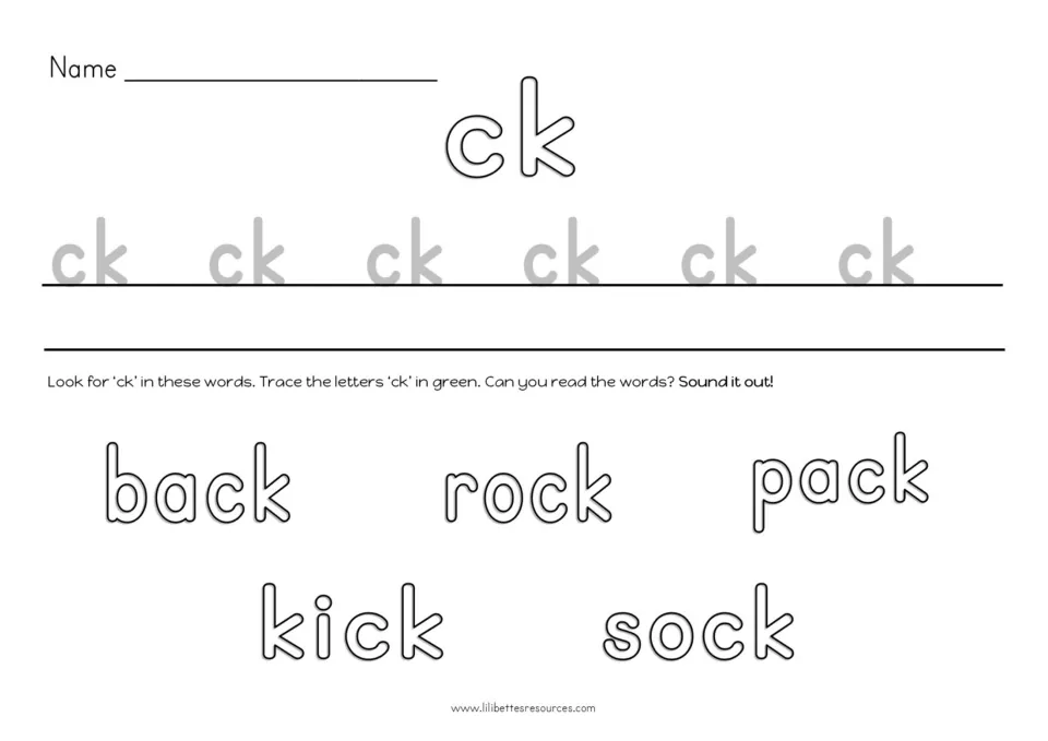 Writing ck: students trace a row of ck, then find and trace ck in green in back, rock, pack, kick and sock and read them