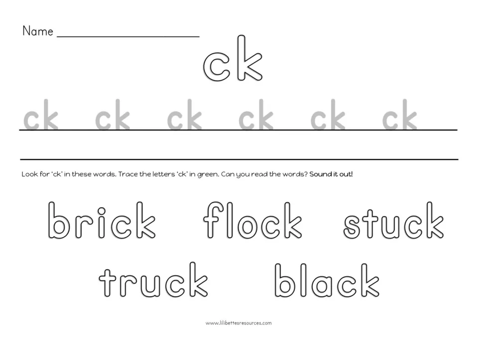 Tracing ck in blends: students trace ck, then trace it in green in brick, flock, stuck, truck and black and sound them out