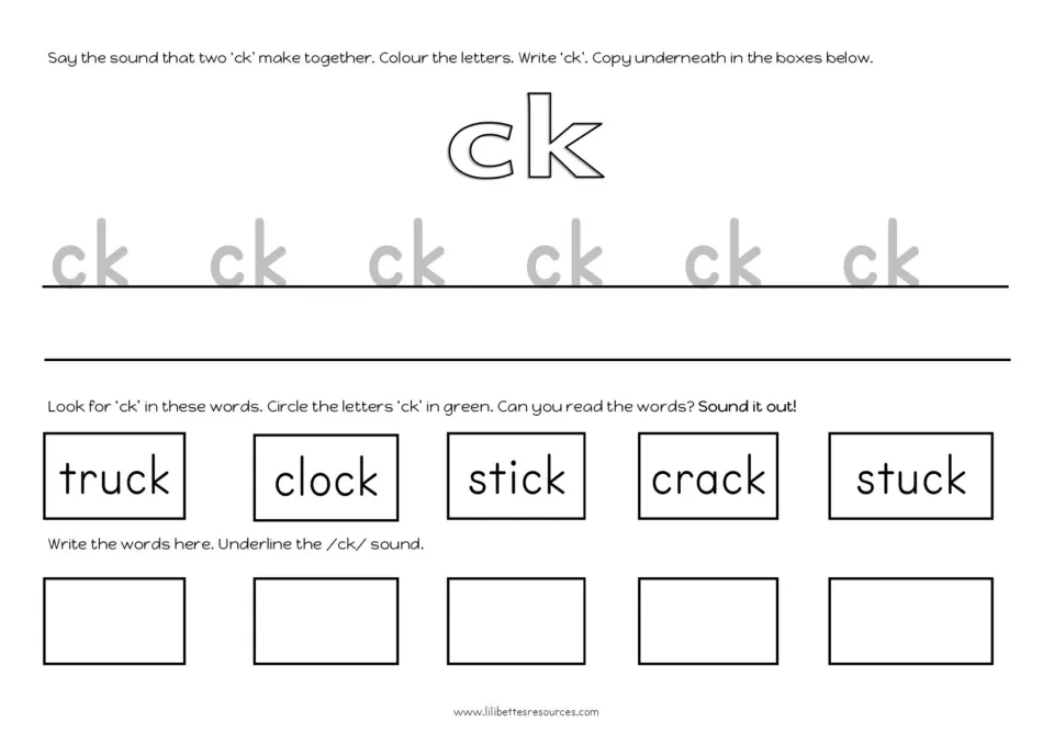Circling ck in truck, clock, stick, crack and stuck: students write ck, read each blend word, copy it and underline the ck