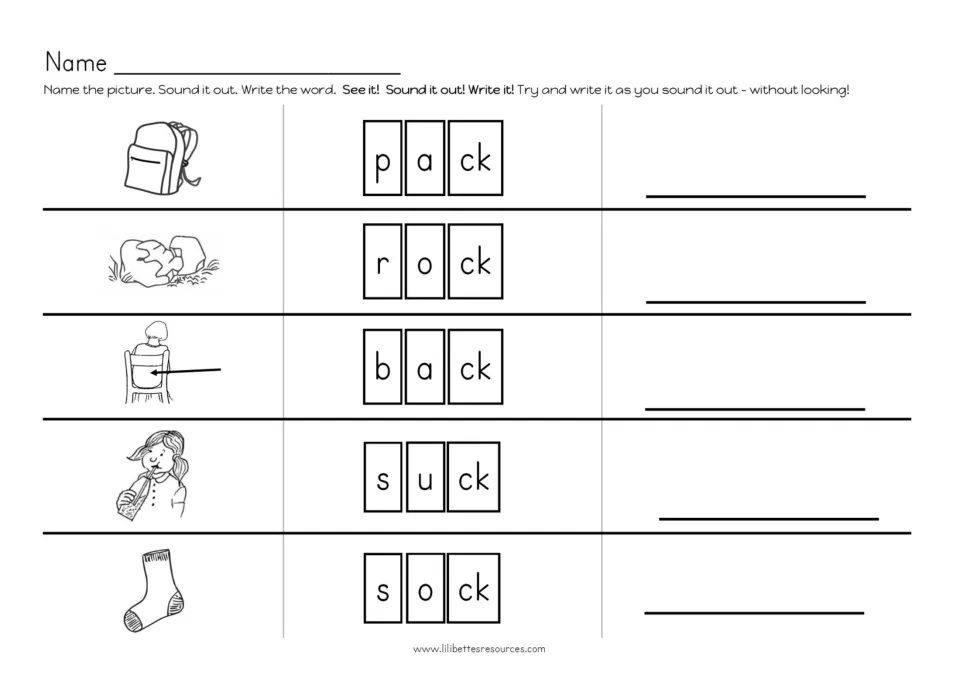 CVC ck spelling: students name pictures of pack, rock, back, suck and sock, sound out the letter tiles and write each word