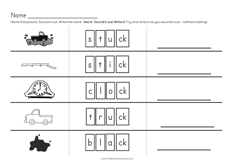 Spelling ck blend words: students name pictures for stuck, stick, clock, truck and black, sound out and write each word