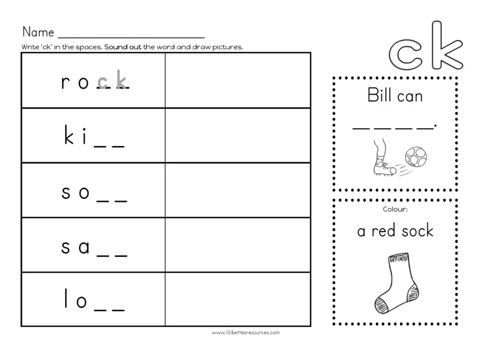 Completing ck words: students add ck to ro, ki, so, sa and lo and draw each, finish 'Bill can ____.' and colour a red sock
