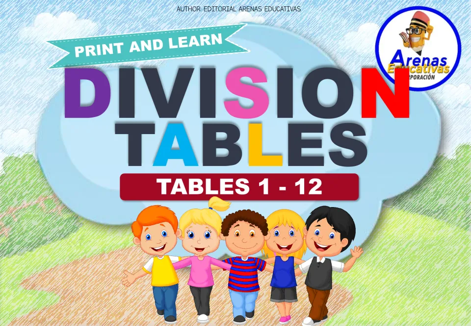 Division tables 1 to 12 cover: Print and Learn title by Editorial Arenas Educativas with five cartoon children on a path