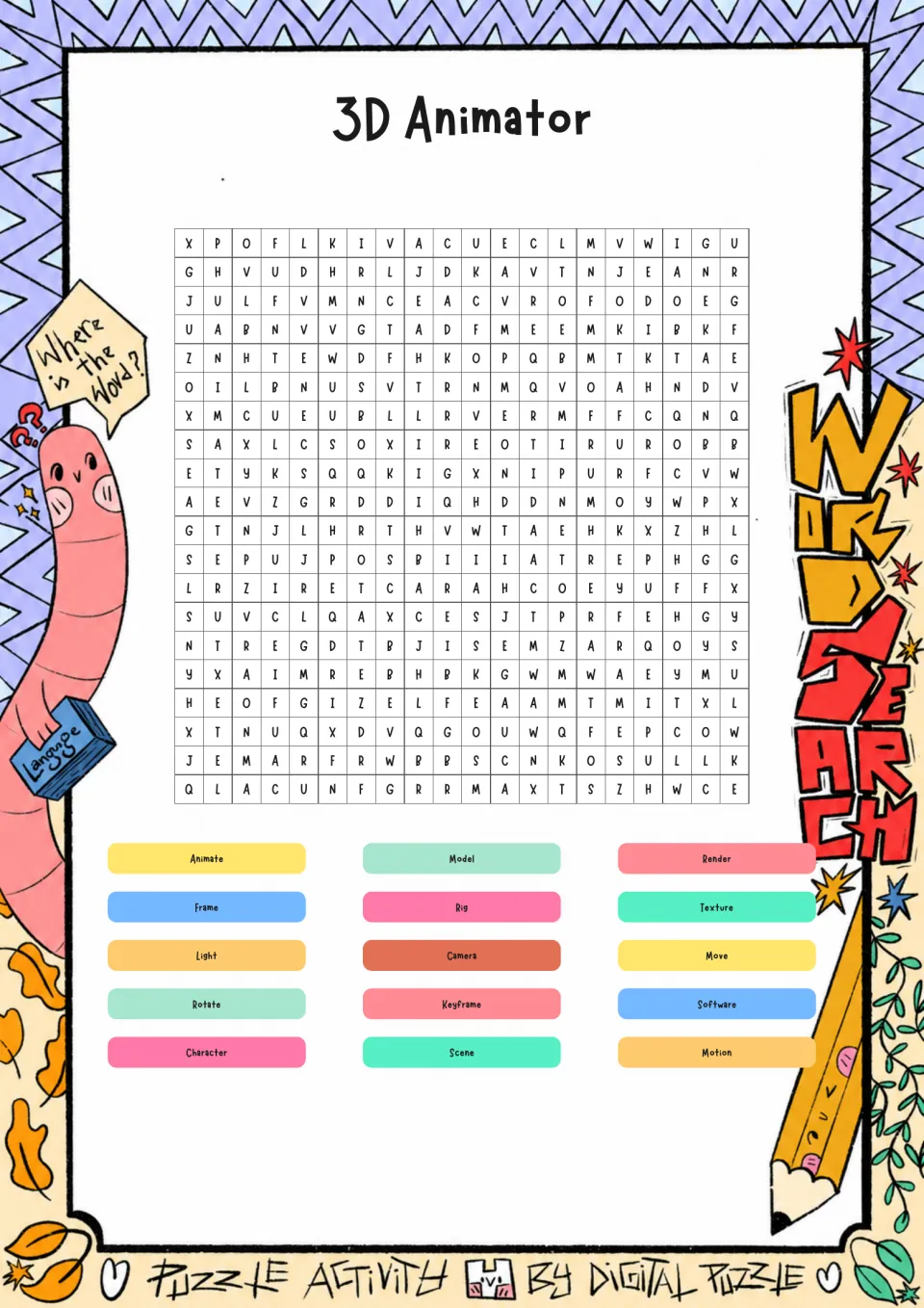 3D Animator word search: students find 15 animation terms such as Render, Rig, Keyframe and Texture hidden in the puzzle