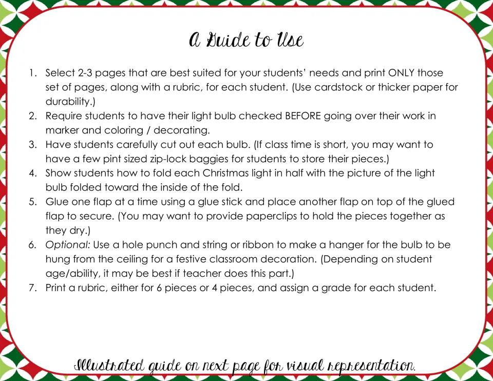 Christmas light craft directions: select two or three sheets, check math, cut, fold, glue, and grade.