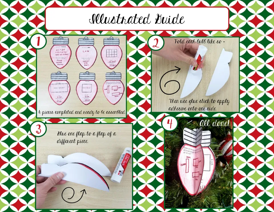 Illustrated Christmas light craft guide shows six completed pieces, folding, gluing, and the finished bulb.