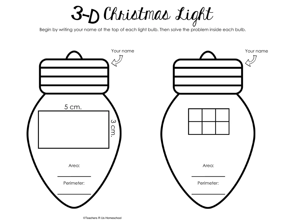 Bulb templates for area and perimeter: a rectangle measuring 5 by 3 centimeters and a shape of six squares.
