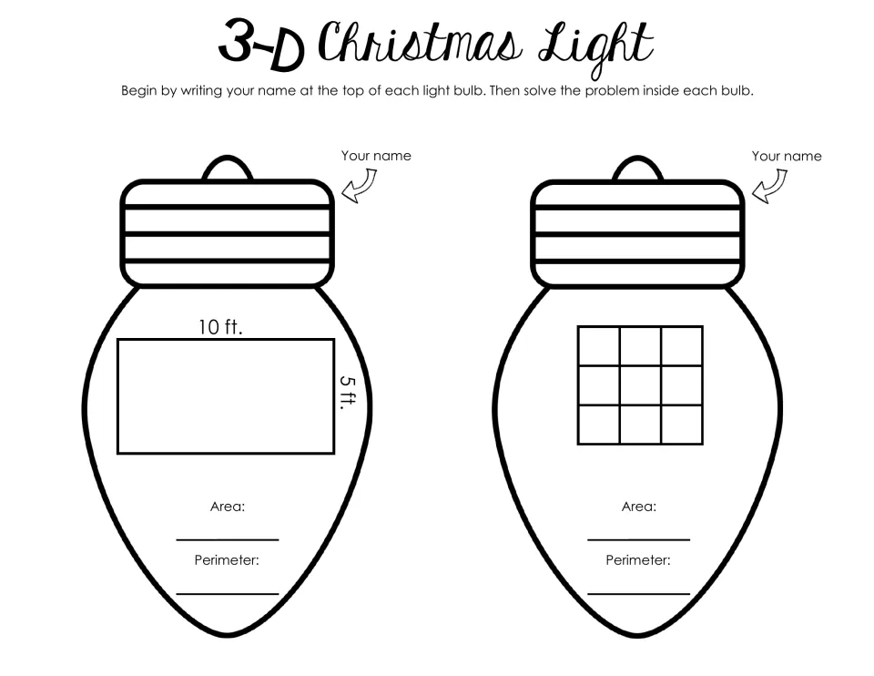 Bulb templates for area and perimeter: a rectangle measuring 10 by 5 feet and a shape of nine squares.