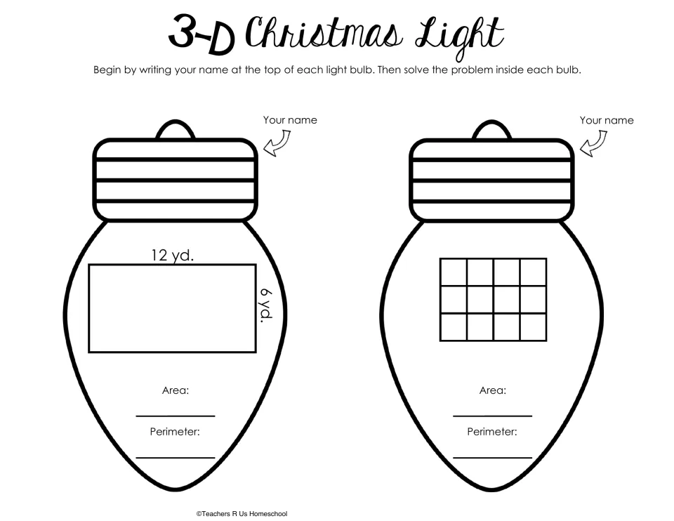 Bulb templates for area and perimeter: a rectangle measuring 12 by 6 yards and a shape of 12 squares.