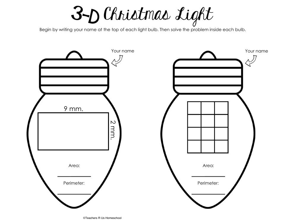 Bulb templates for area and perimeter: a rectangle measuring 9 by 2 millimeters and a shape of 12 squares.