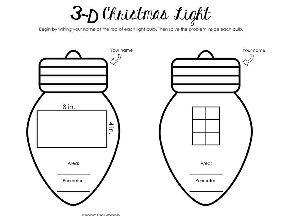 Bulb templates for area and perimeter: a rectangle measuring 8 by 4 inches and a shape of six squares.