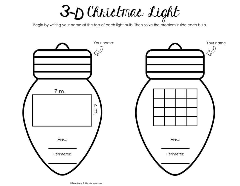Bulb templates for area and perimeter: a rectangle measuring 7 by 4 meters and a shape of 16 squares.
