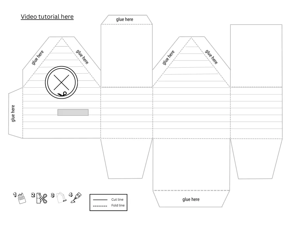Birdhouse net to color: students cut, fold and glue the house with a round entrance hole; four icon steps shown